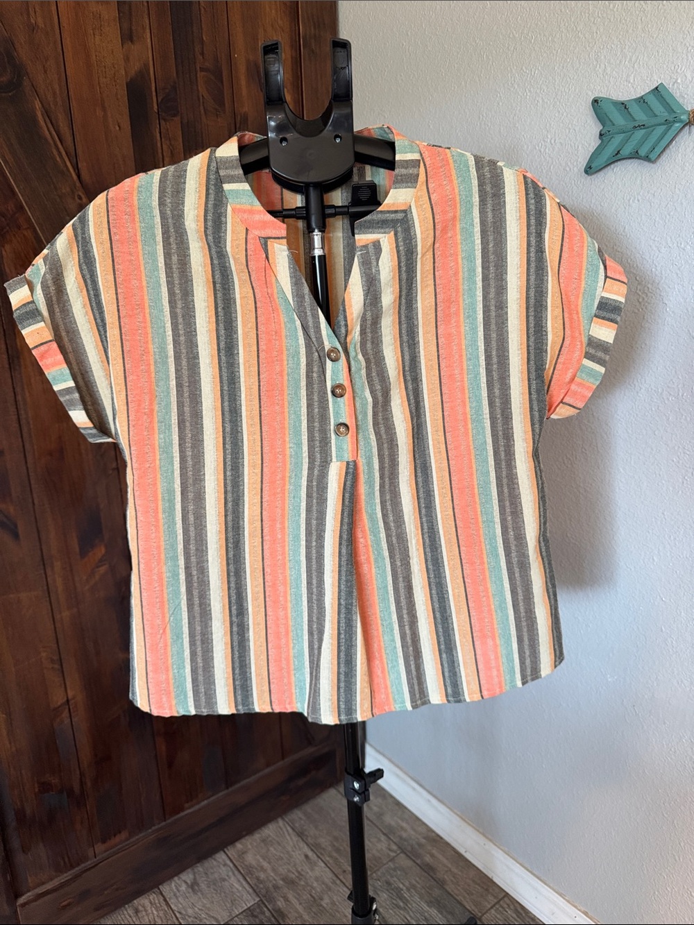 SHEIN Coral, Teal & Gray Striped Short Sleeve Henley Top